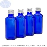 Aura - Botellas de cristal azul con tapas plateadas, 50 ml, 4 unidades