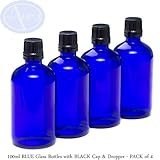 Pack de 4 botellas con tapón de seguridad negro y cuentagotas - Cristal azul - 100 ml Uso para...
